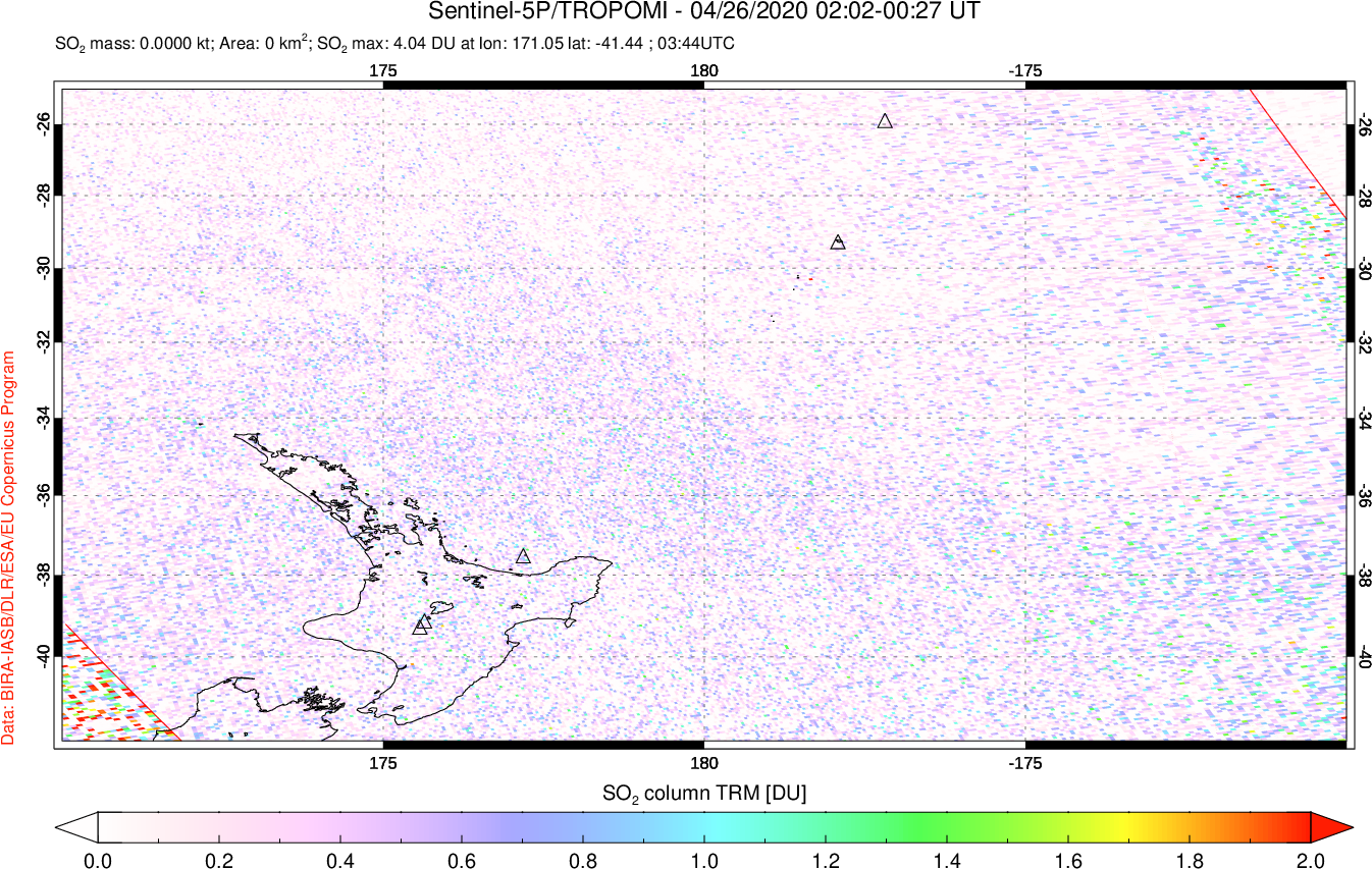 A sulfur dioxide image over New Zealand on Apr 26, 2020.