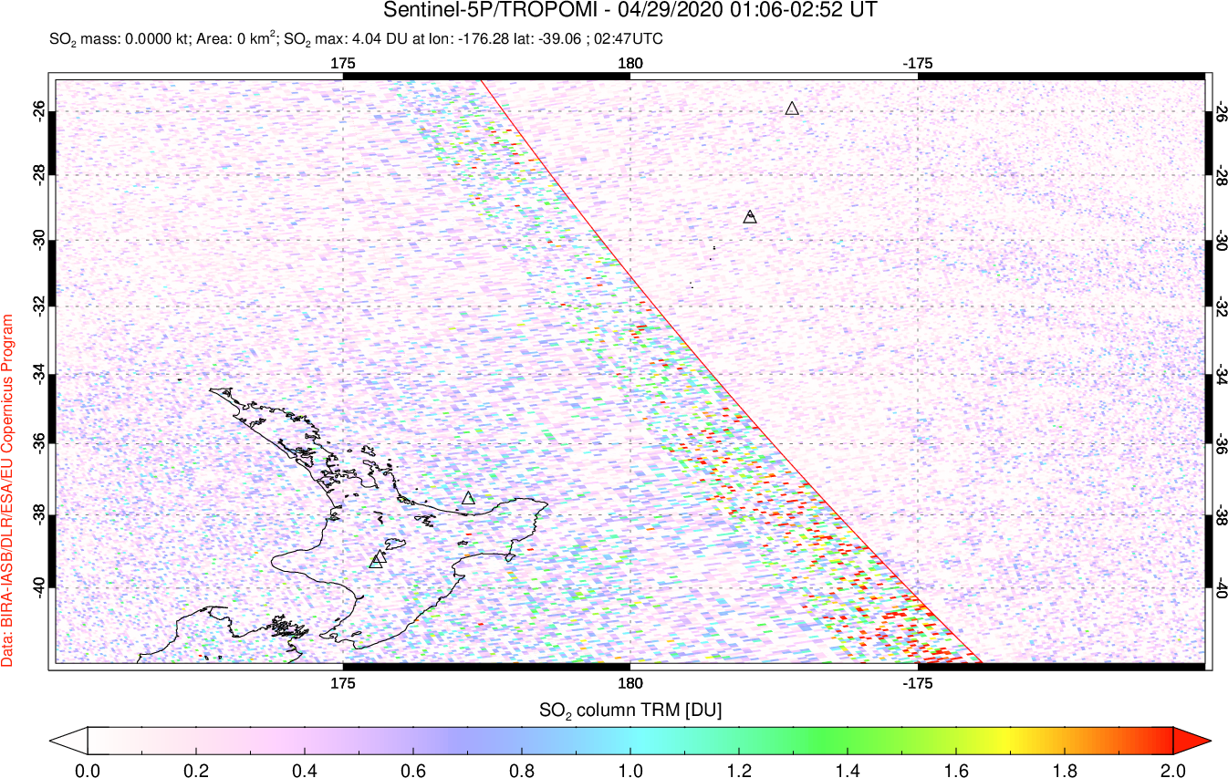 A sulfur dioxide image over New Zealand on Apr 29, 2020.