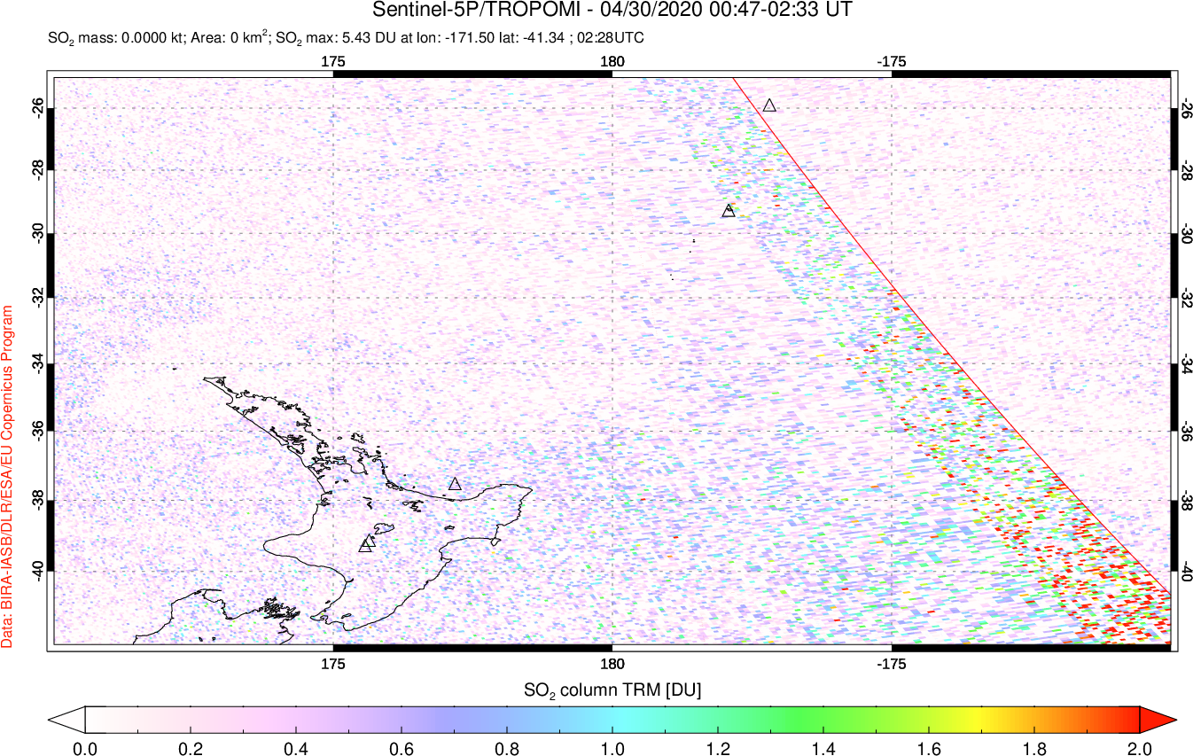 A sulfur dioxide image over New Zealand on Apr 30, 2020.