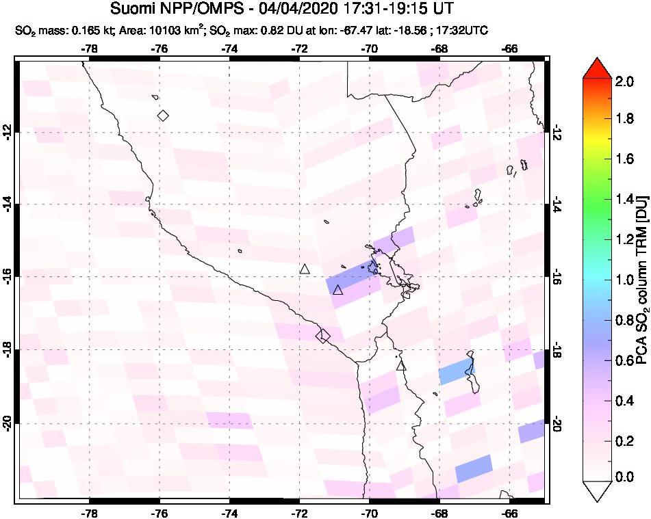A sulfur dioxide image over Peru on Apr 04, 2020.