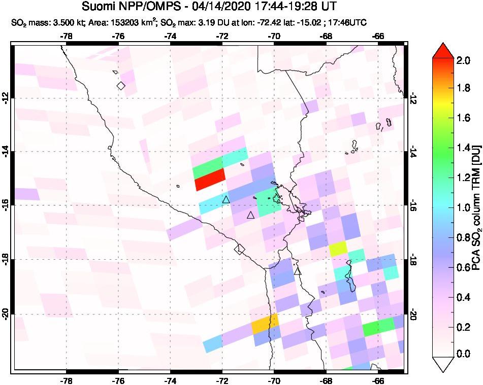 A sulfur dioxide image over Peru on Apr 14, 2020.