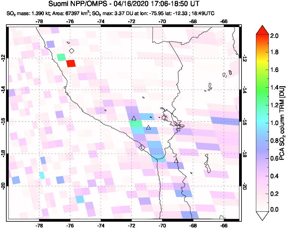 A sulfur dioxide image over Peru on Apr 16, 2020.