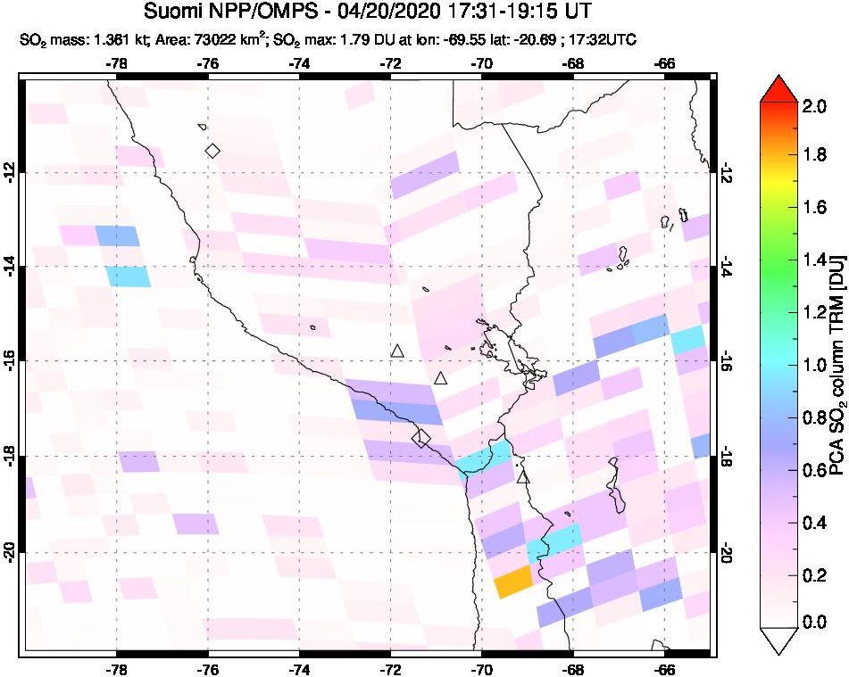 A sulfur dioxide image over Peru on Apr 20, 2020.
