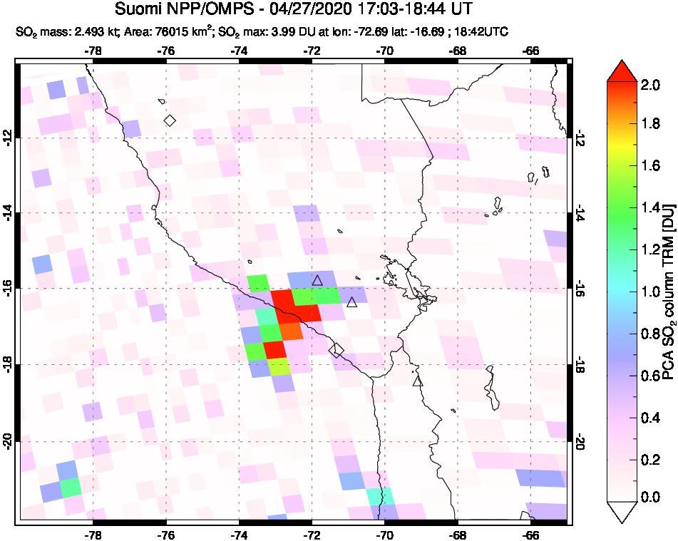 A sulfur dioxide image over Peru on Apr 27, 2020.