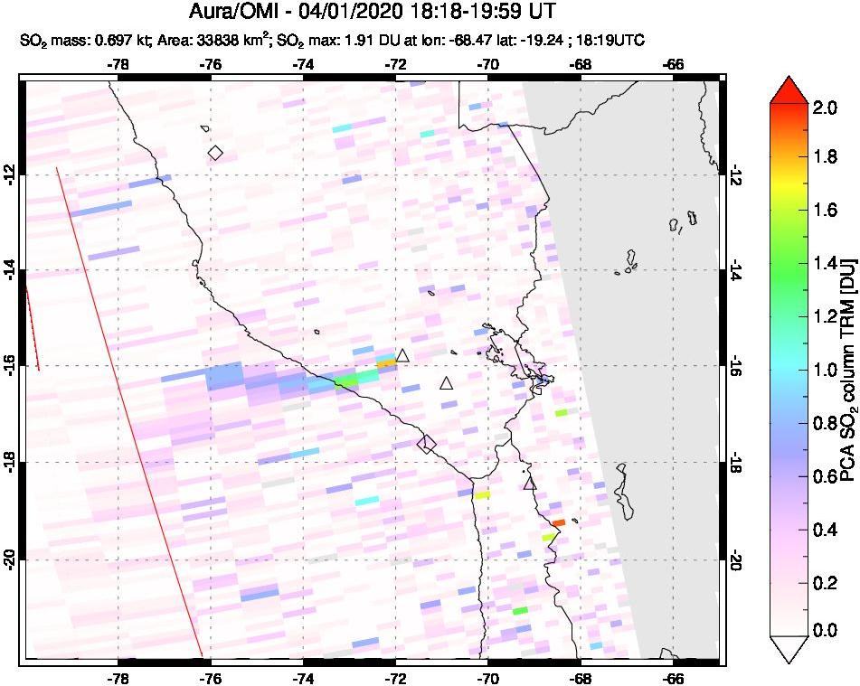 A sulfur dioxide image over Peru on Apr 01, 2020.
