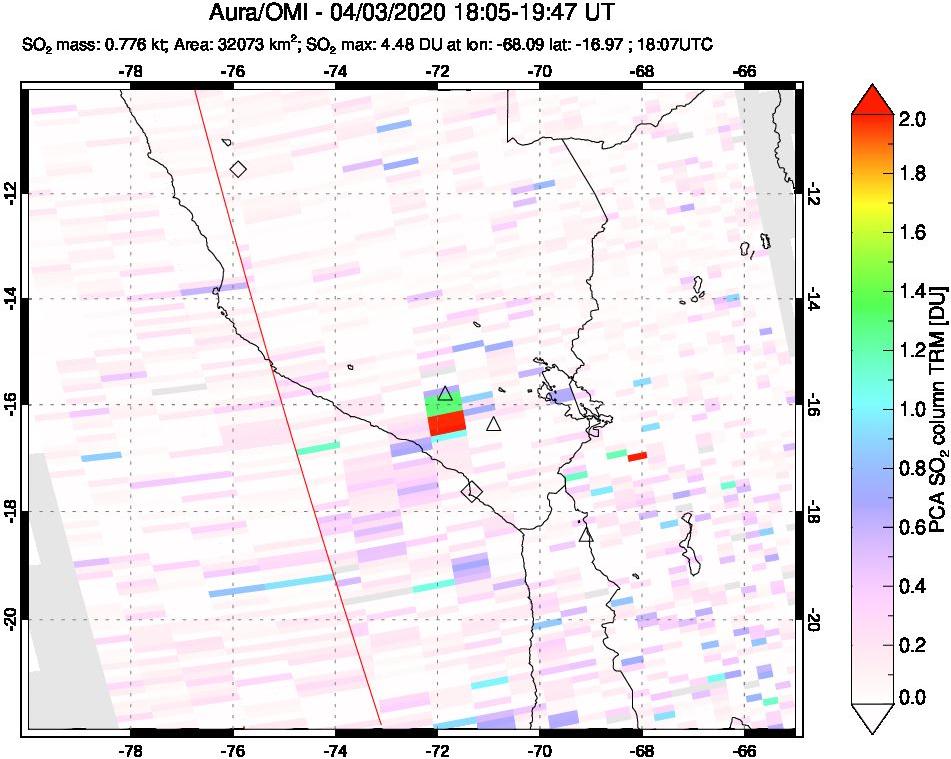 A sulfur dioxide image over Peru on Apr 03, 2020.