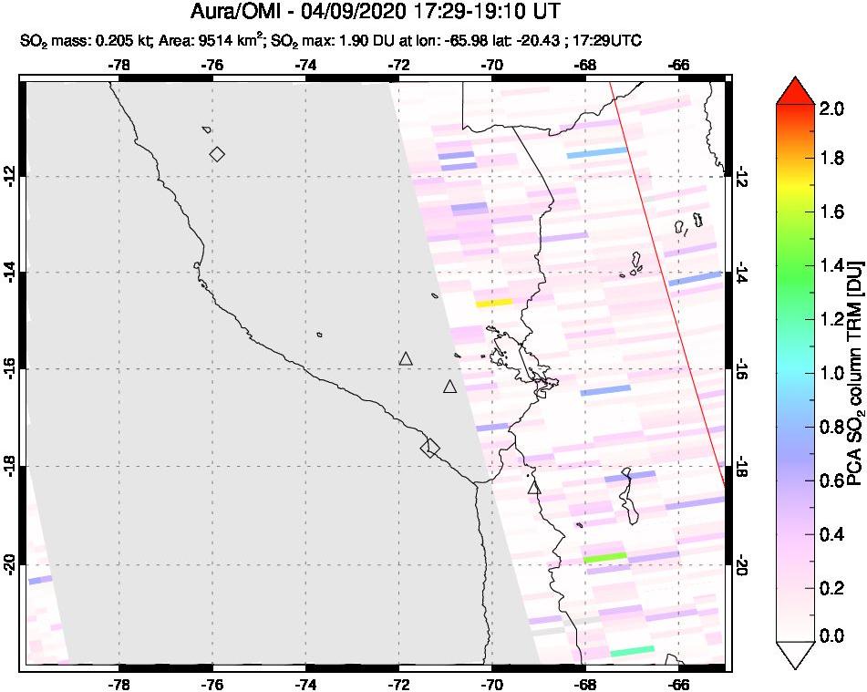 A sulfur dioxide image over Peru on Apr 09, 2020.