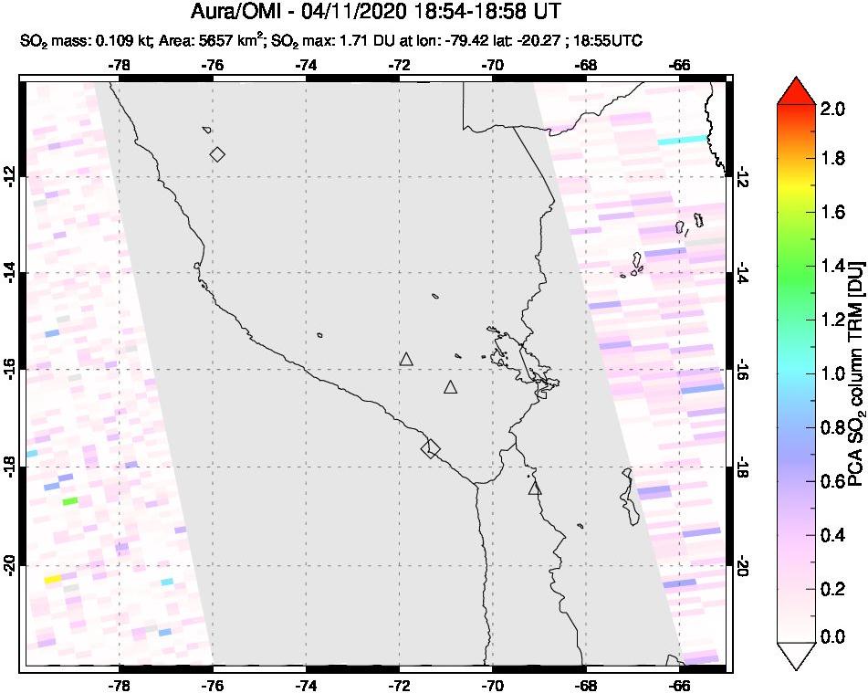 A sulfur dioxide image over Peru on Apr 11, 2020.