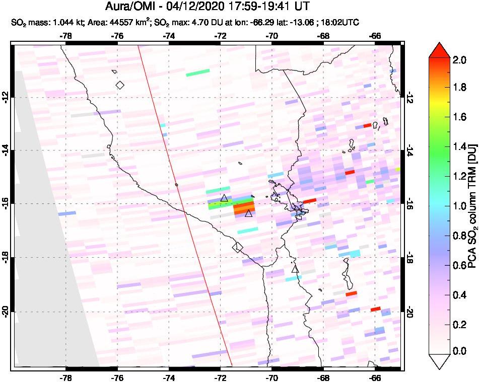 A sulfur dioxide image over Peru on Apr 12, 2020.