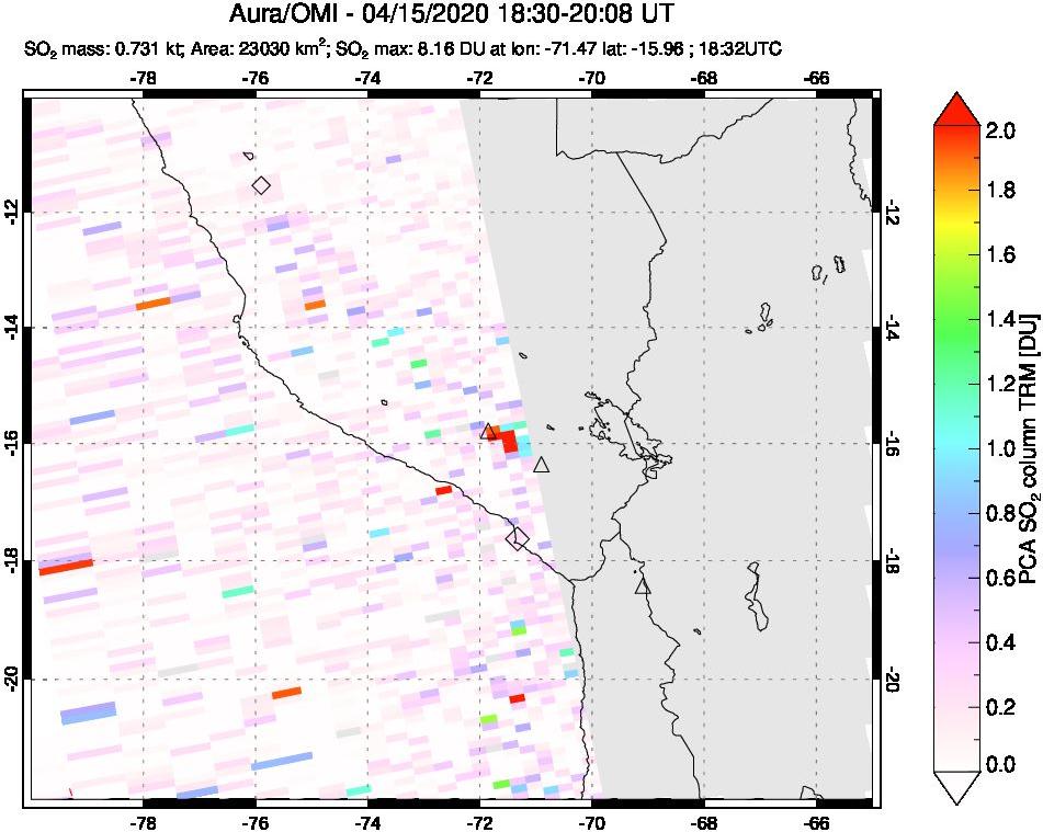 A sulfur dioxide image over Peru on Apr 15, 2020.