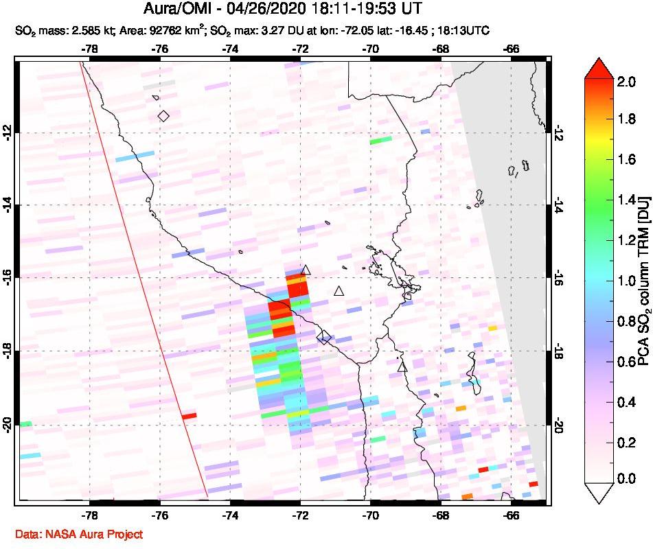 A sulfur dioxide image over Peru on Apr 26, 2020.