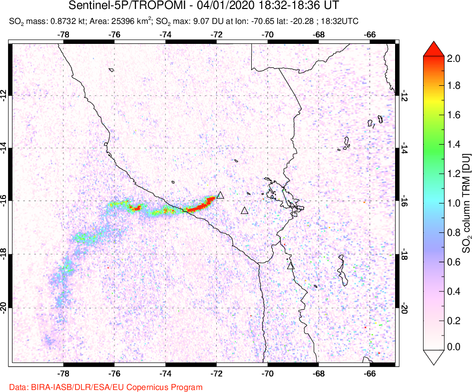 A sulfur dioxide image over Peru on Apr 01, 2020.