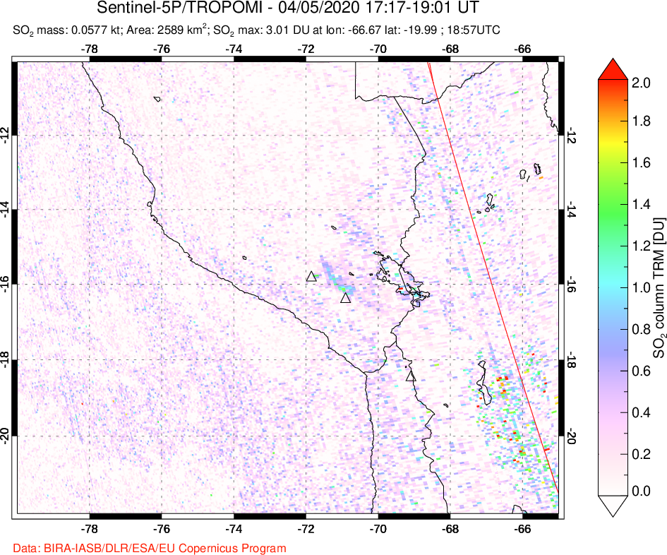 A sulfur dioxide image over Peru on Apr 05, 2020.