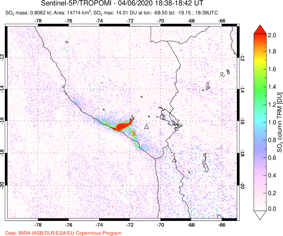 A sulfur dioxide image over Peru on Apr 06, 2020.