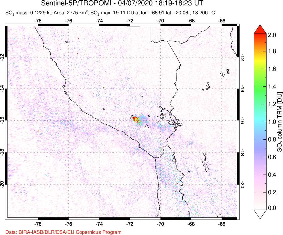 A sulfur dioxide image over Peru on Apr 07, 2020.