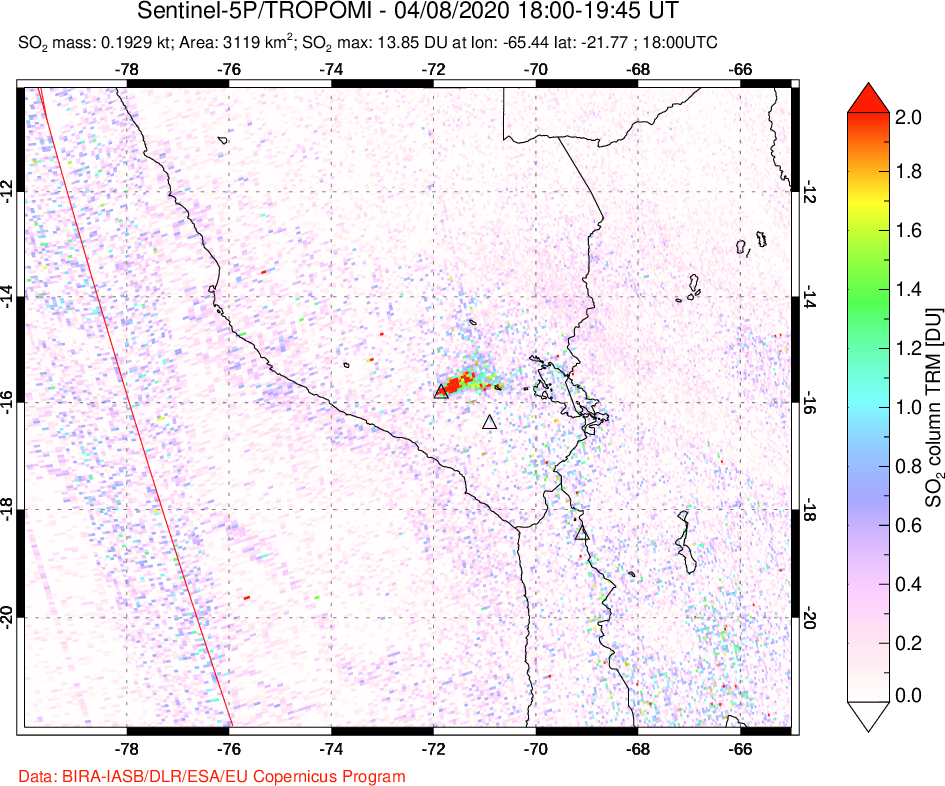 A sulfur dioxide image over Peru on Apr 08, 2020.