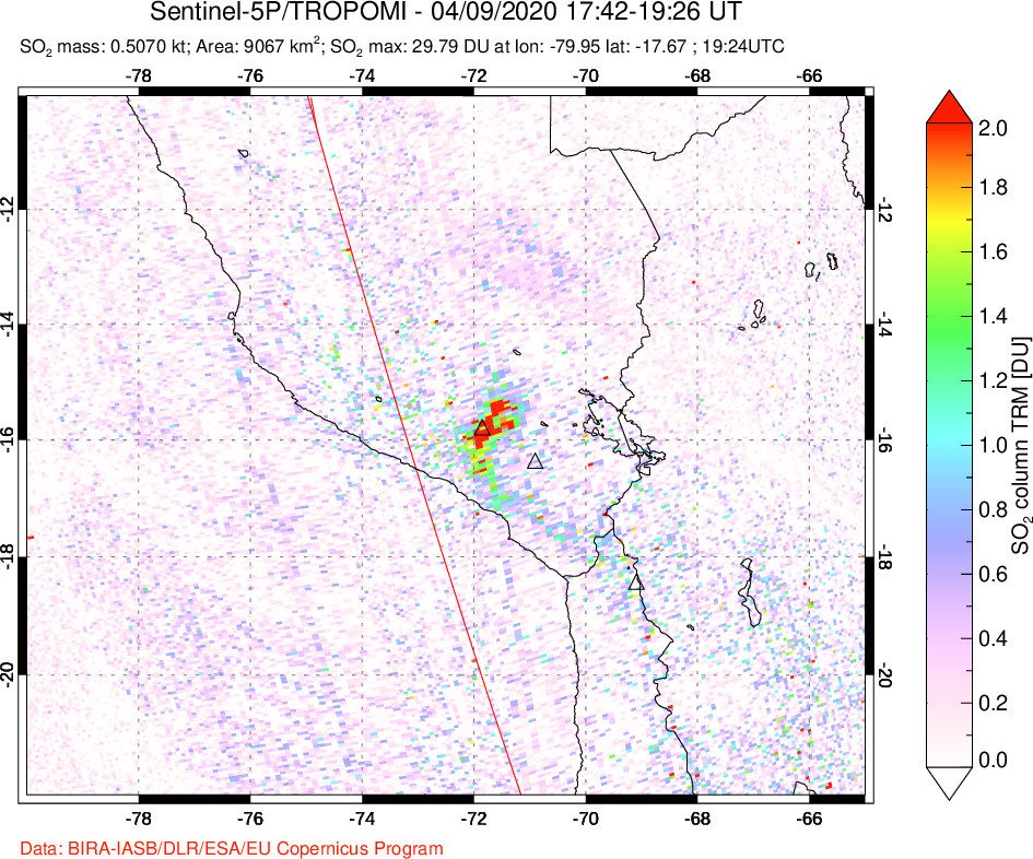 A sulfur dioxide image over Peru on Apr 09, 2020.