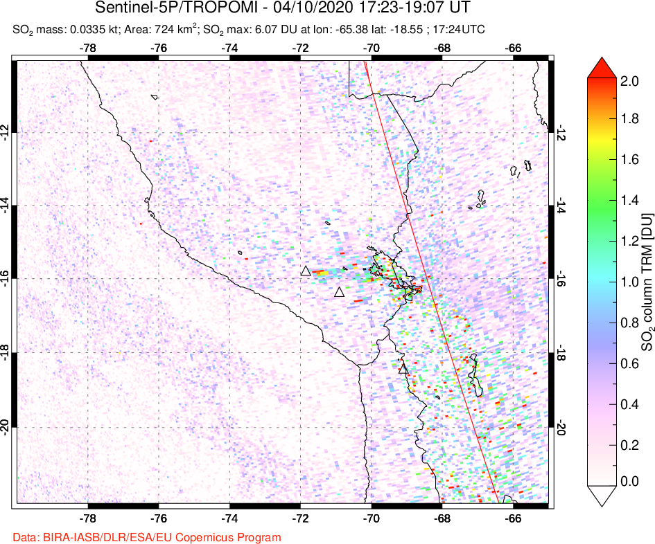 A sulfur dioxide image over Peru on Apr 10, 2020.
