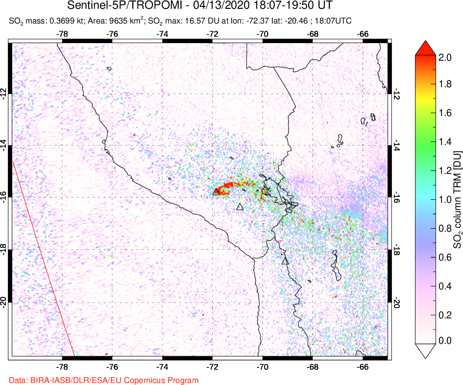 A sulfur dioxide image over Peru on Apr 13, 2020.