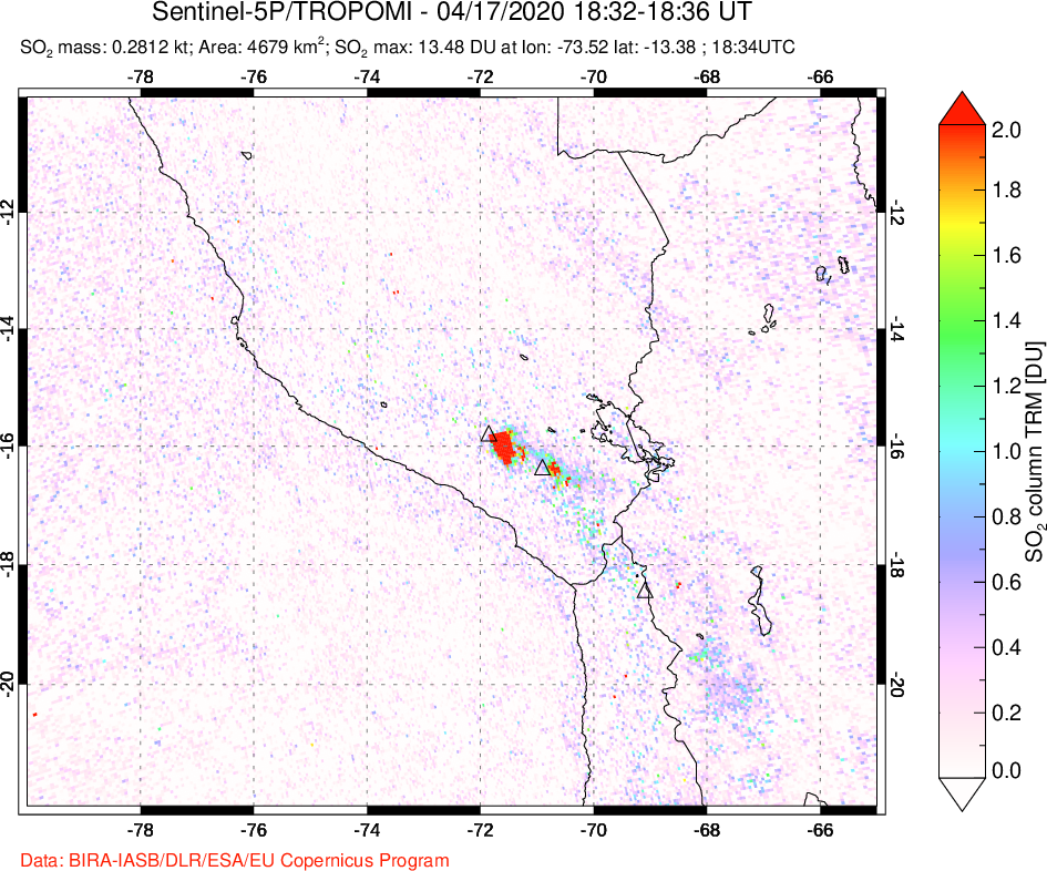 A sulfur dioxide image over Peru on Apr 17, 2020.