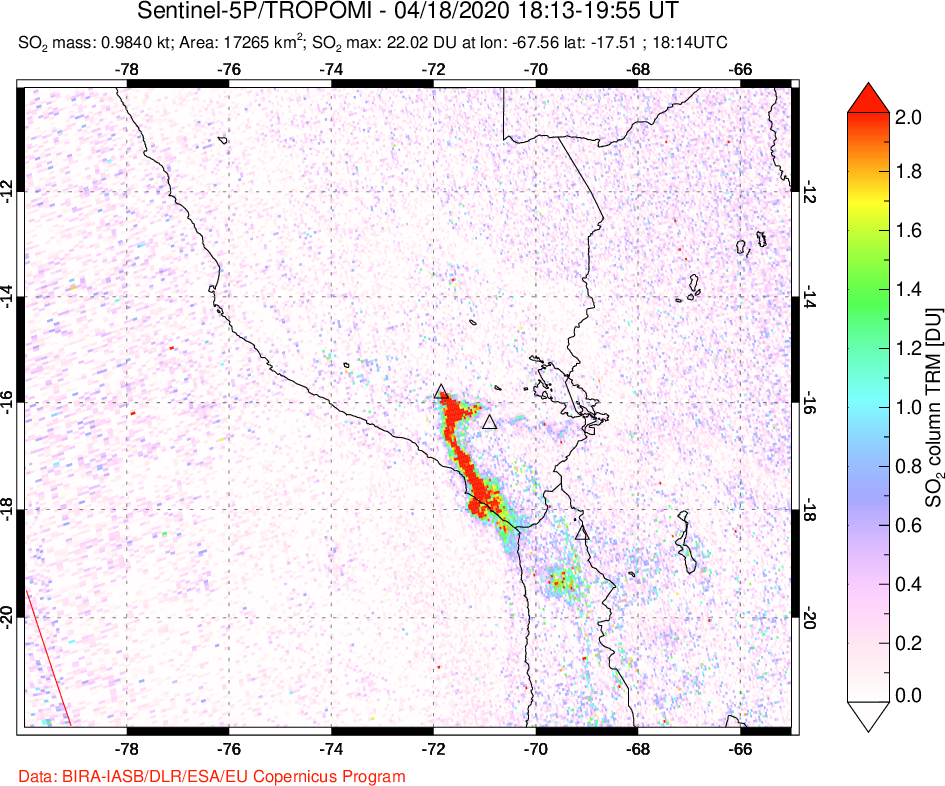 A sulfur dioxide image over Peru on Apr 18, 2020.