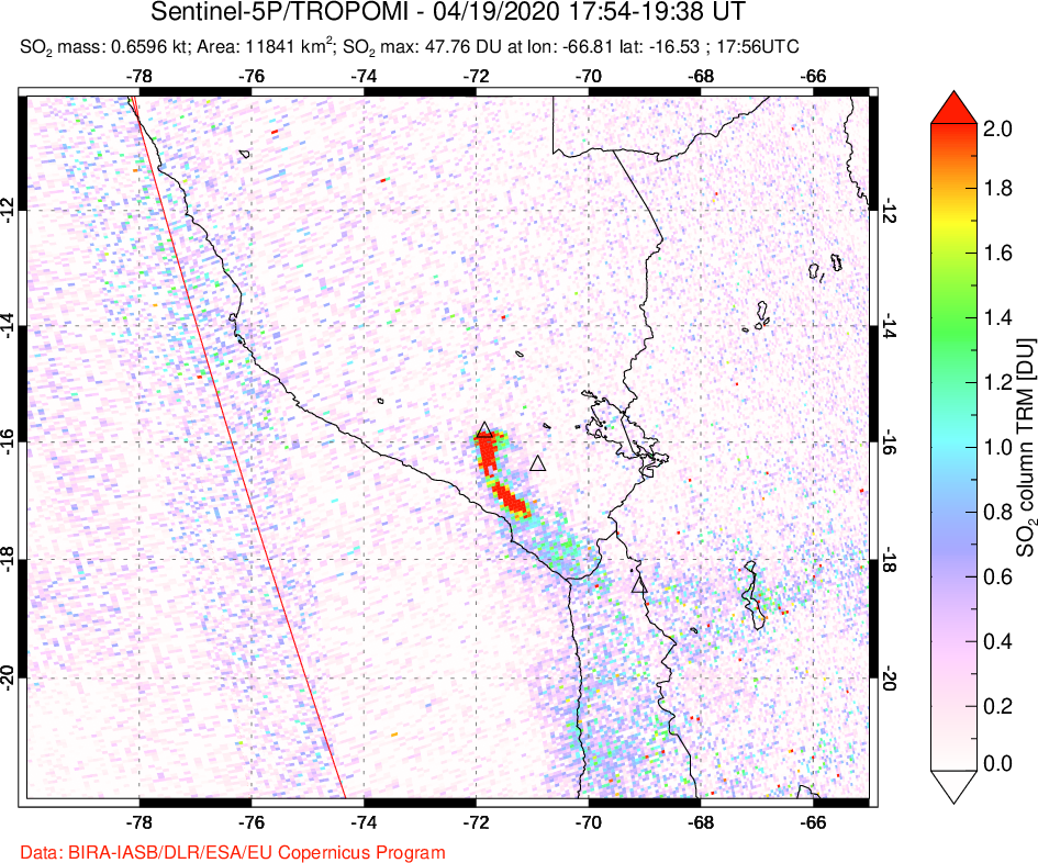 A sulfur dioxide image over Peru on Apr 19, 2020.