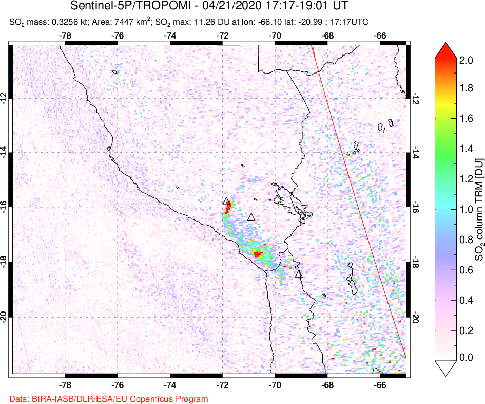 A sulfur dioxide image over Peru on Apr 21, 2020.