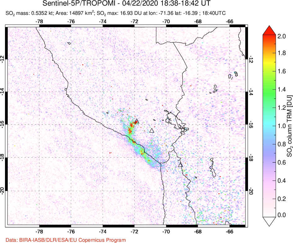 A sulfur dioxide image over Peru on Apr 22, 2020.