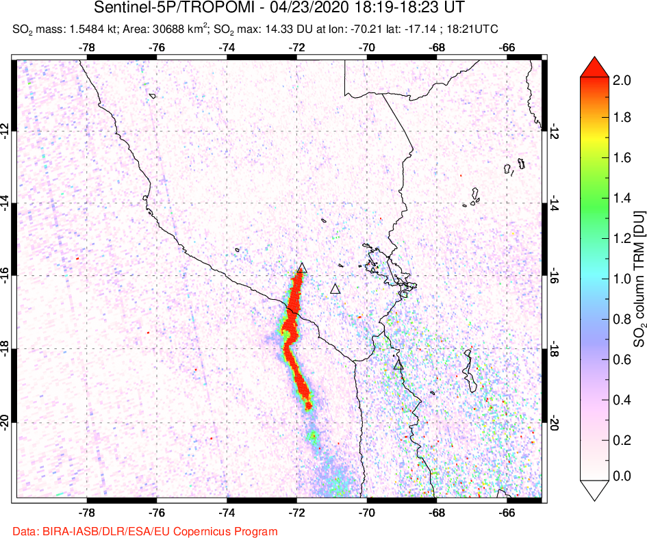 A sulfur dioxide image over Peru on Apr 23, 2020.