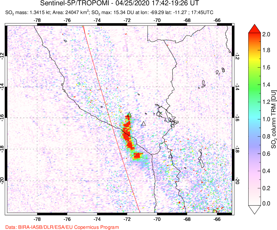 A sulfur dioxide image over Peru on Apr 25, 2020.