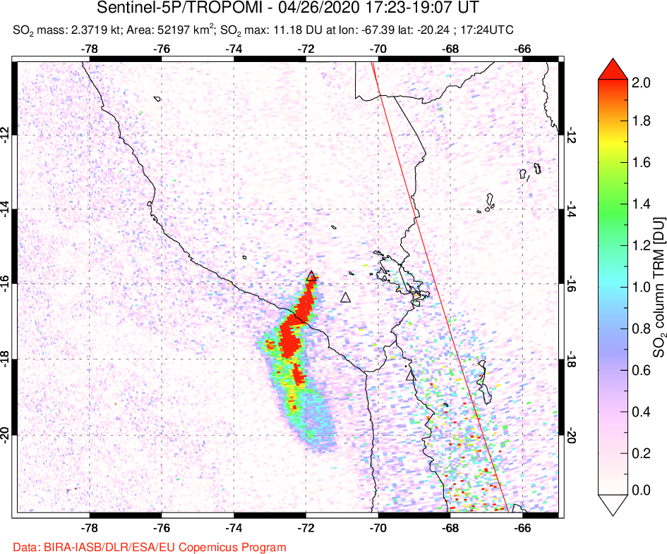 A sulfur dioxide image over Peru on Apr 26, 2020.