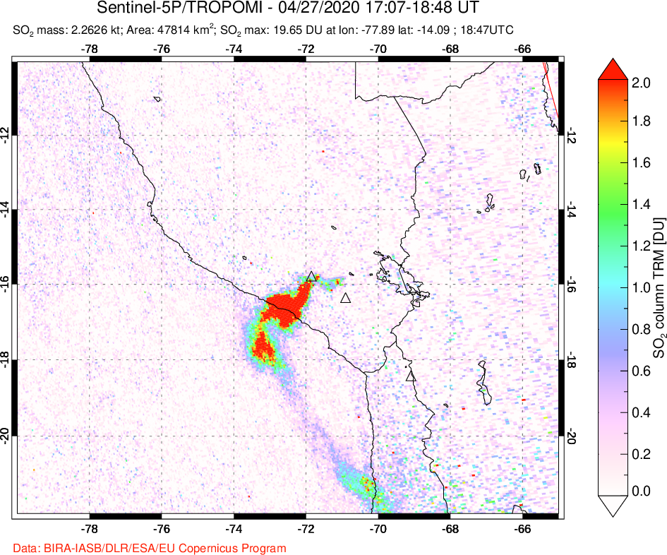 A sulfur dioxide image over Peru on Apr 27, 2020.