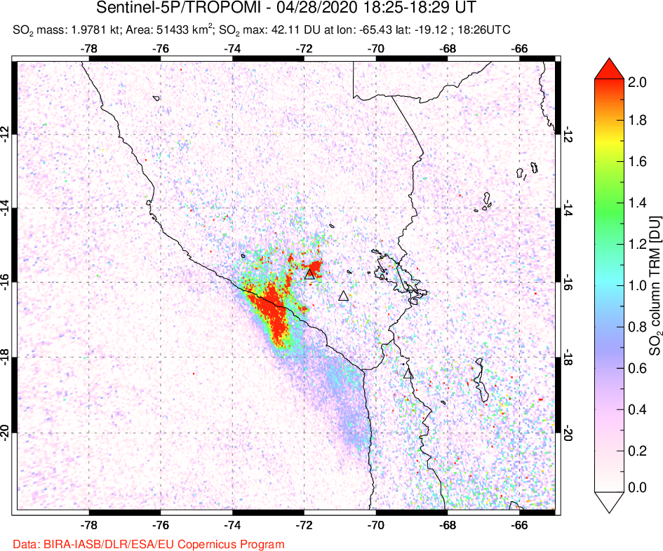 A sulfur dioxide image over Peru on Apr 28, 2020.