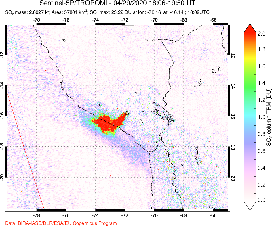 A sulfur dioxide image over Peru on Apr 29, 2020.