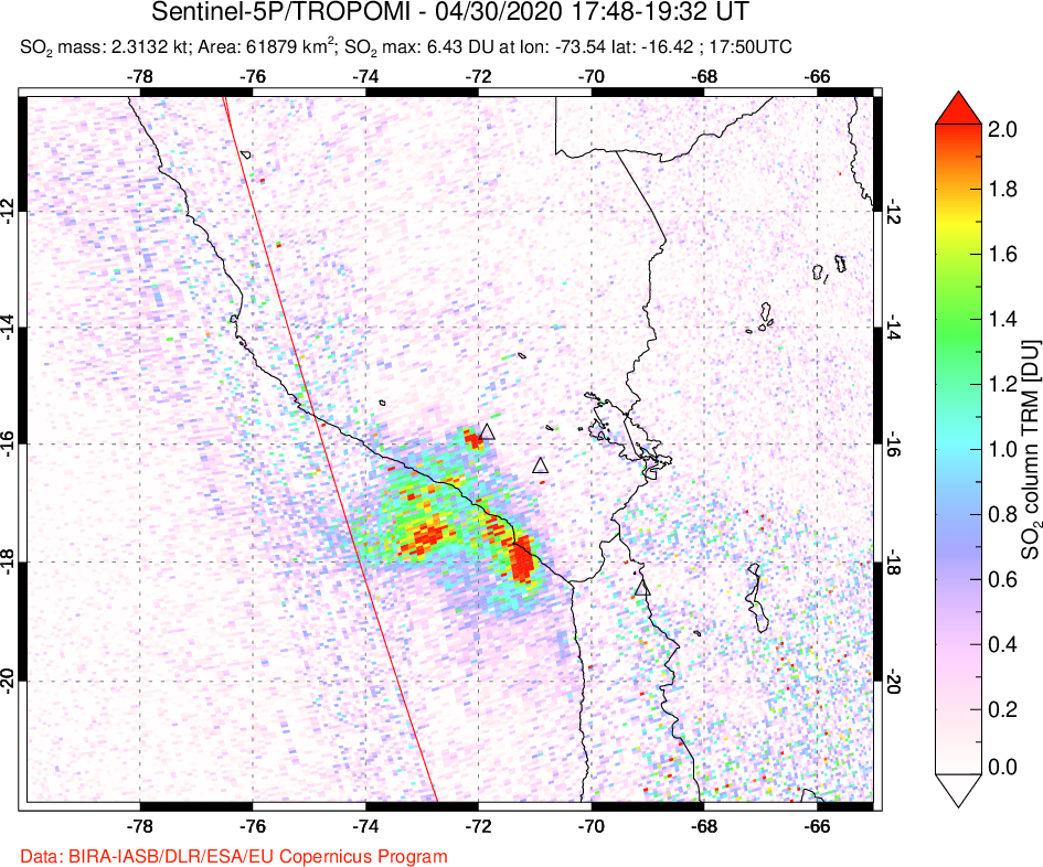 A sulfur dioxide image over Peru on Apr 30, 2020.