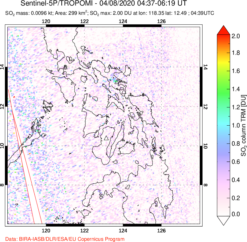 A sulfur dioxide image over Philippines on Apr 08, 2020.