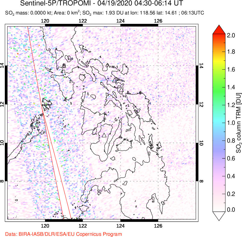 A sulfur dioxide image over Philippines on Apr 19, 2020.