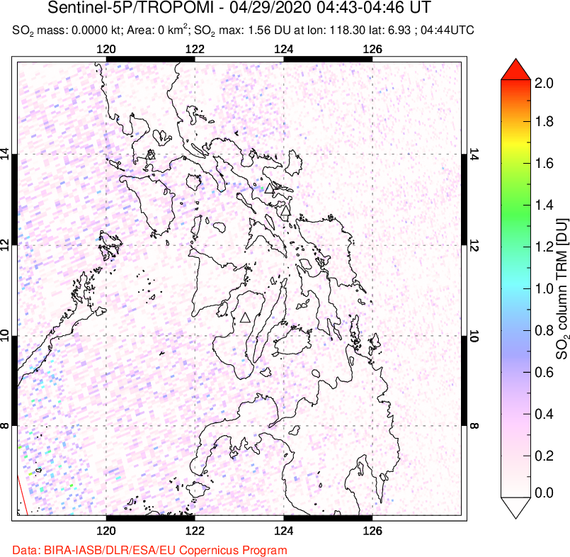 A sulfur dioxide image over Philippines on Apr 29, 2020.