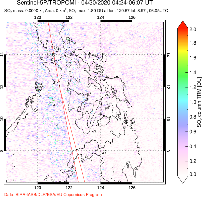 A sulfur dioxide image over Philippines on Apr 30, 2020.