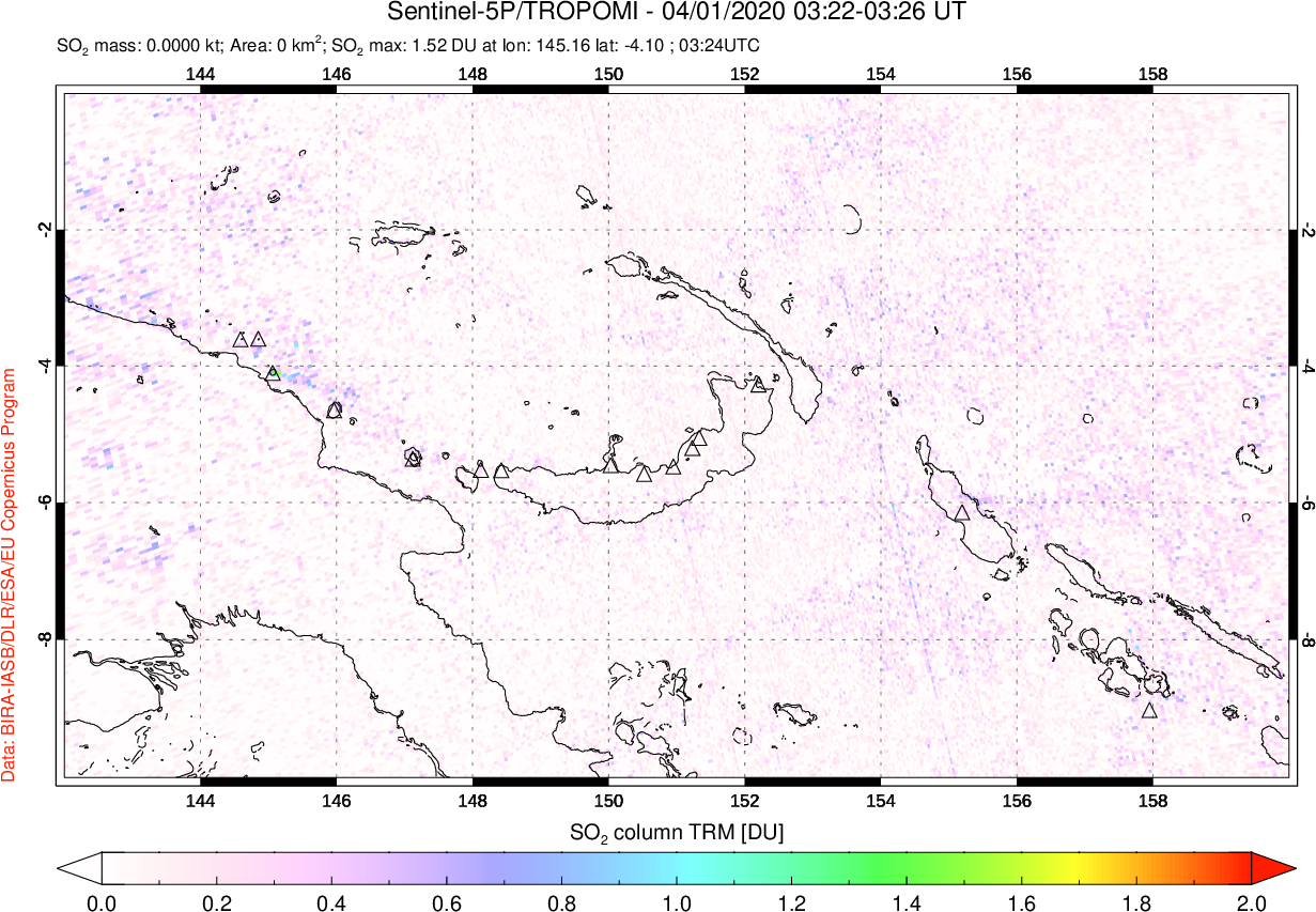 A sulfur dioxide image over Papua, New Guinea on Apr 01, 2020.
