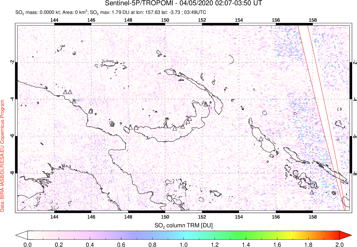 A sulfur dioxide image over Papua, New Guinea on Apr 05, 2020.