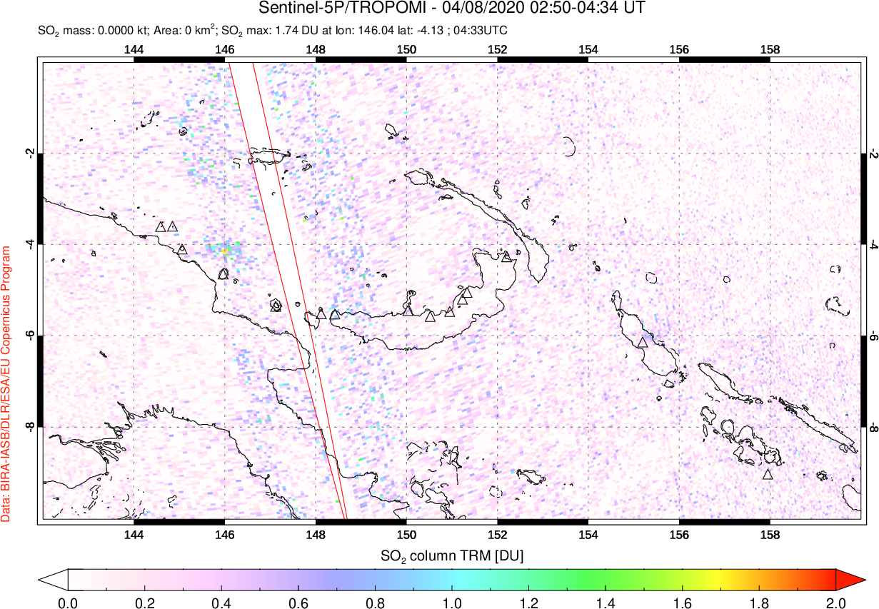 A sulfur dioxide image over Papua, New Guinea on Apr 08, 2020.