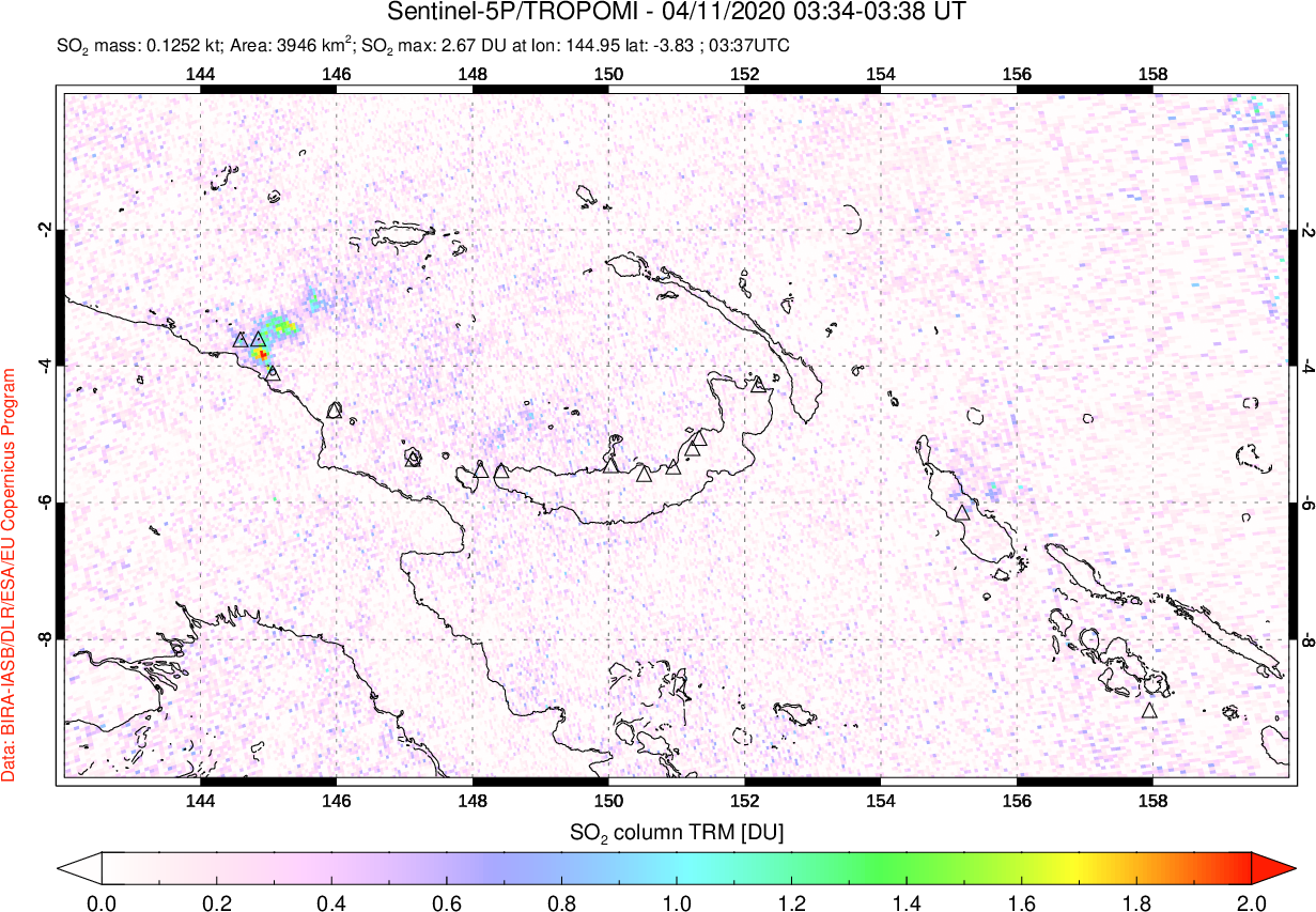 A sulfur dioxide image over Papua, New Guinea on Apr 11, 2020.