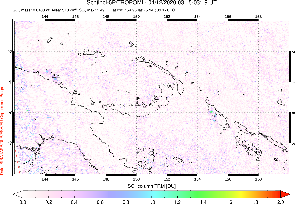 A sulfur dioxide image over Papua, New Guinea on Apr 12, 2020.