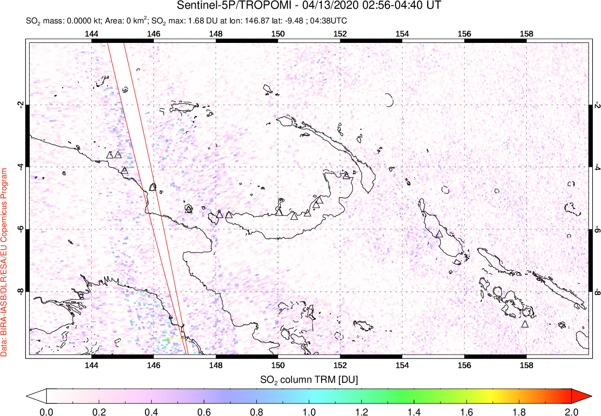 A sulfur dioxide image over Papua, New Guinea on Apr 13, 2020.