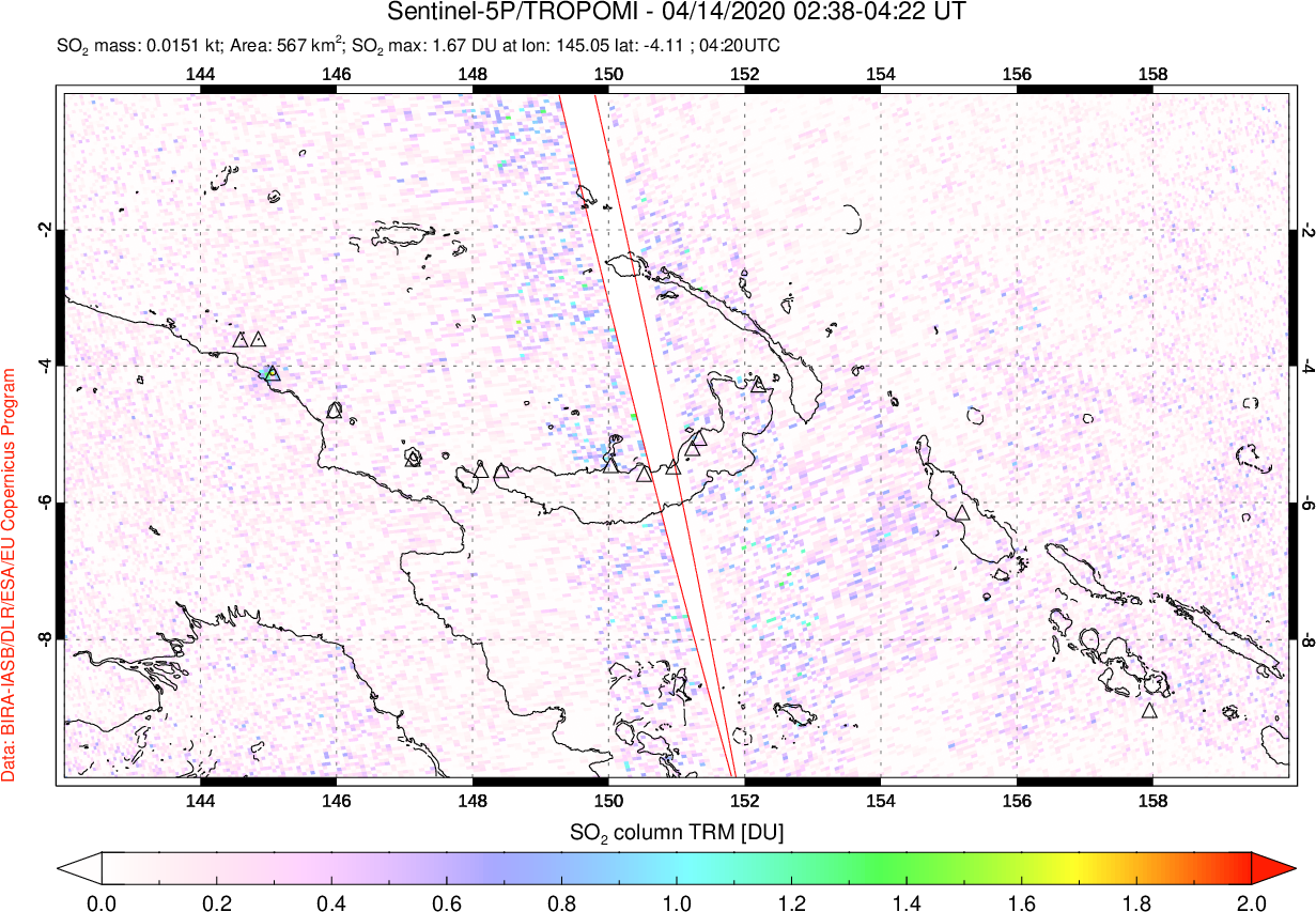 A sulfur dioxide image over Papua, New Guinea on Apr 14, 2020.