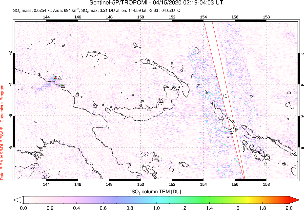 A sulfur dioxide image over Papua, New Guinea on Apr 15, 2020.