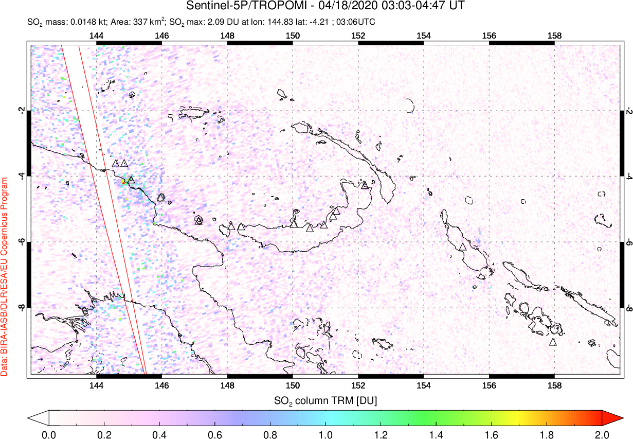 A sulfur dioxide image over Papua, New Guinea on Apr 18, 2020.