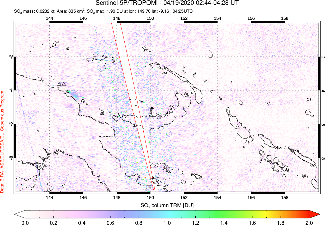 A sulfur dioxide image over Papua, New Guinea on Apr 19, 2020.