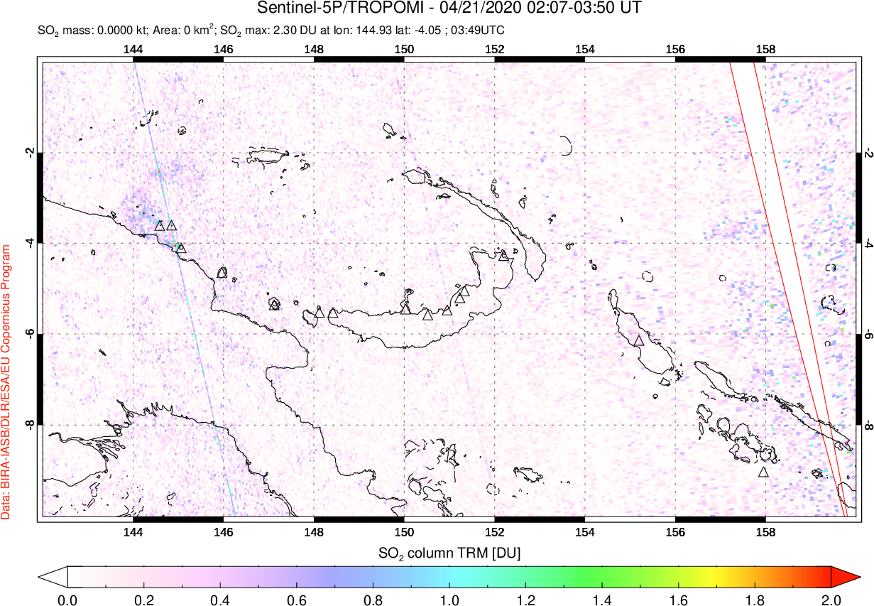 A sulfur dioxide image over Papua, New Guinea on Apr 21, 2020.